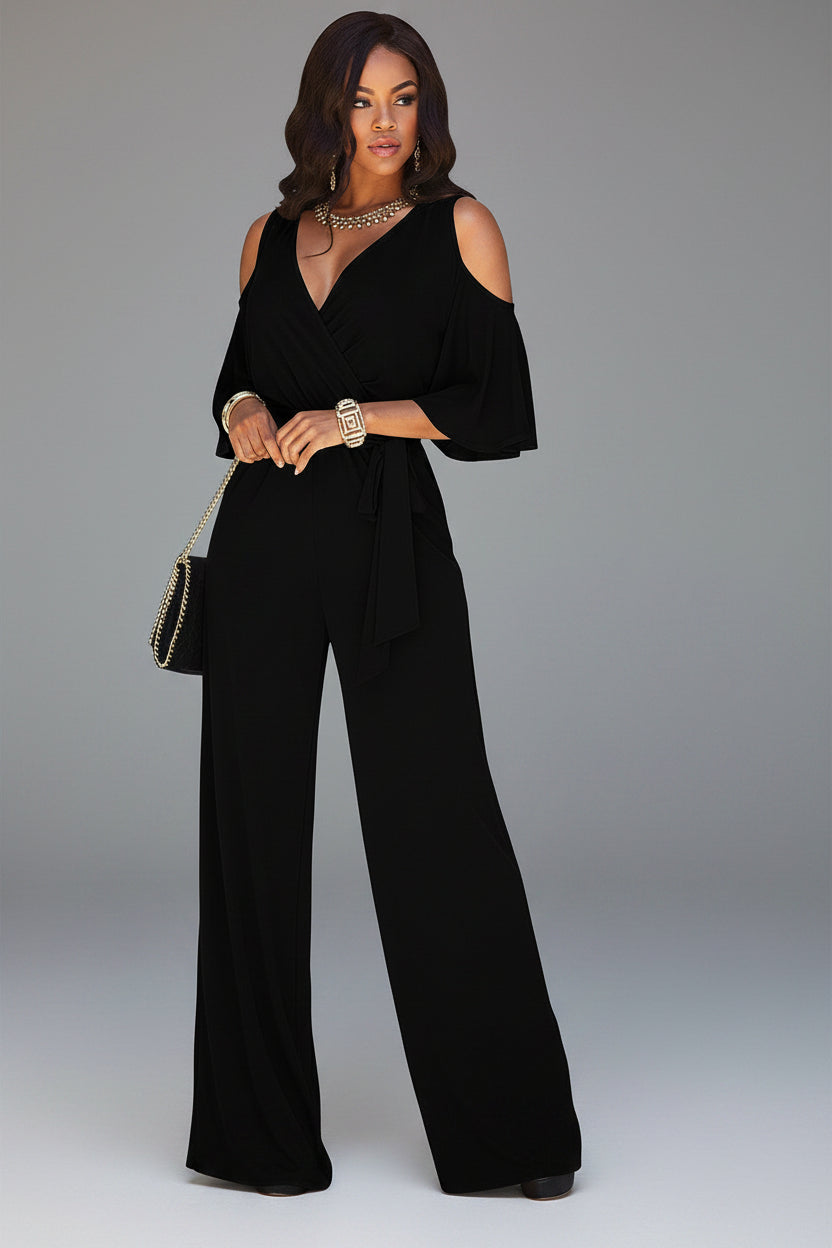 Women's Wrap V-Neck Wide-Leg Jumpsuit – Alana – Black