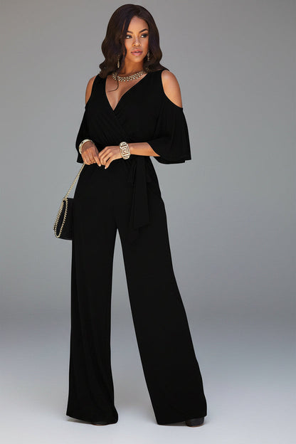 Women's Wrap V-Neck Wide-Leg Jumpsuit – Alana – Black