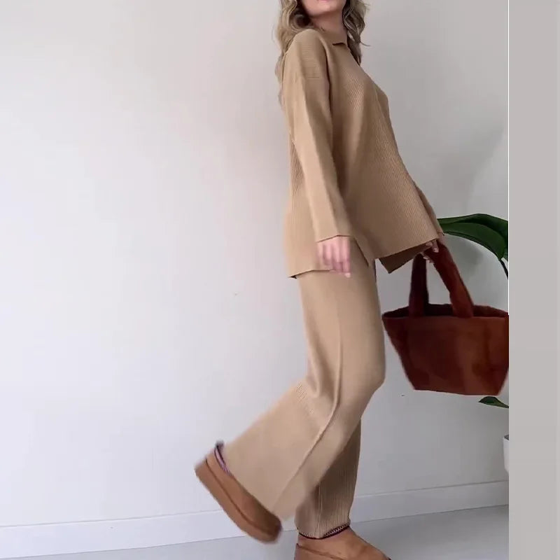 Women's V-Neck Two-Piece Set – Carina – Beige