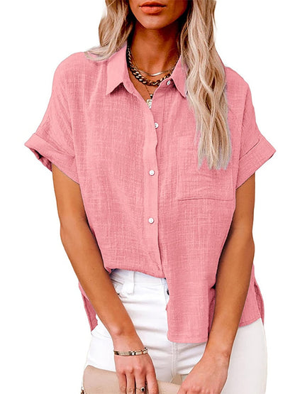 Women's Short-Sleeve Linen Shirt – Saffron – Pink