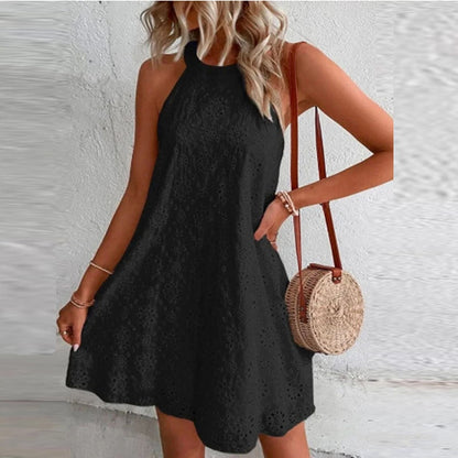 Women's Short Eyelet-Lace Crewneck Dress – Felicity – Black