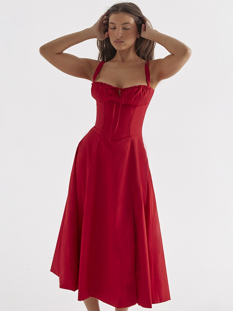 Women's Floral Midi Dress with Wide Straps – Francesca – Red