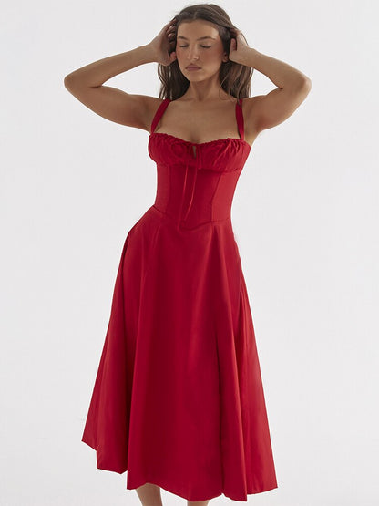 Women's Floral Midi Dress with Wide Straps – Francesca – Red