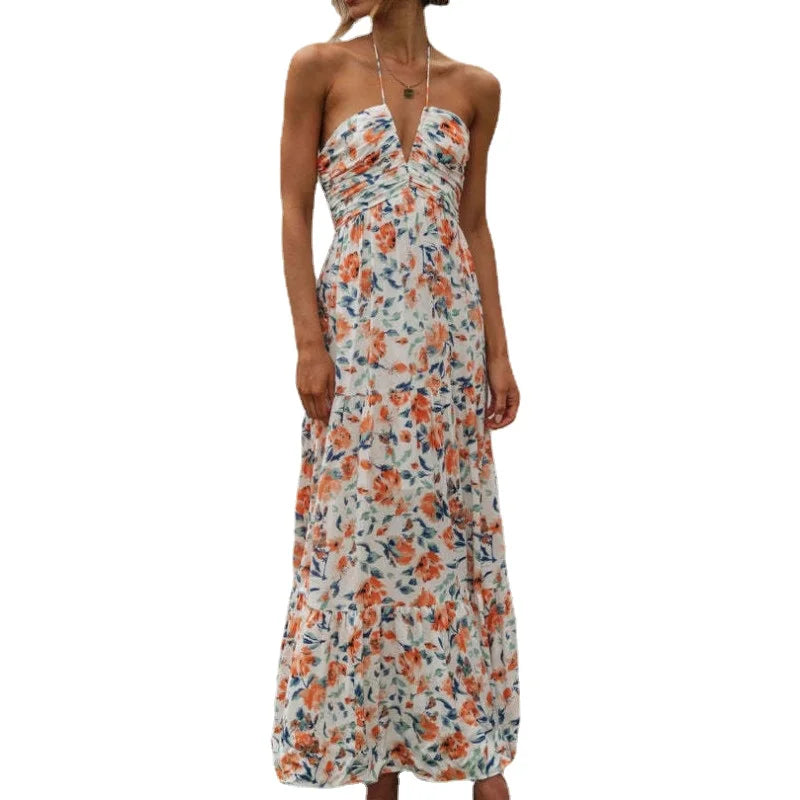 Women's Long Floral Chiffon Halter Dress – Zosia – Orange Floral