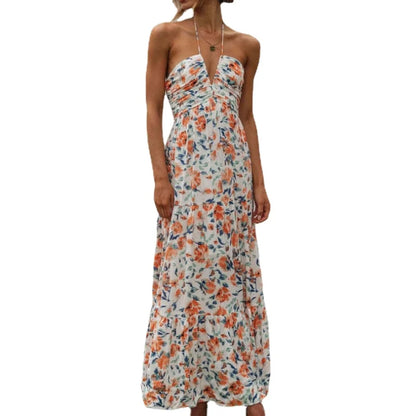 Women's Long Floral Chiffon Halter Dress – Zosia – Orange Floral