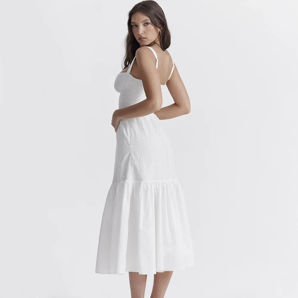 Women's White Lace Midi Dress with Wide Straps – Nivia – view 4
