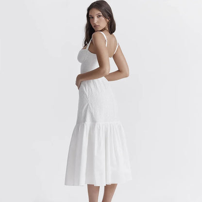 Women's White Lace Midi Dress with Wide Straps – Nivia – view 4