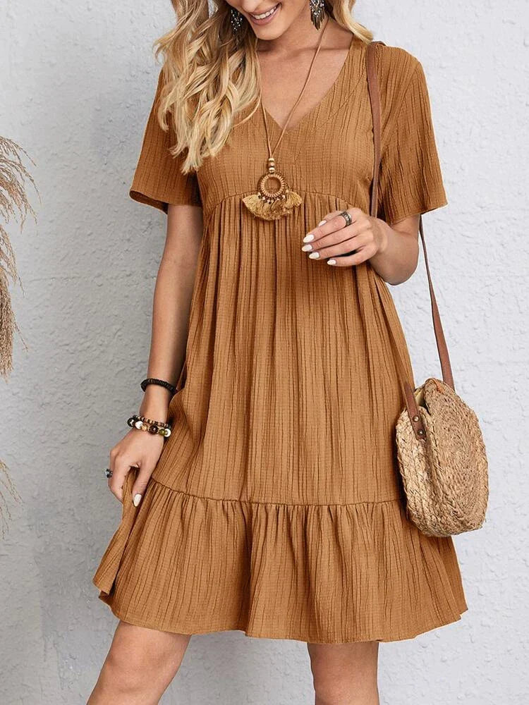 Women's Midi Dress with Ruffled Sleeves – Kyra – Brown