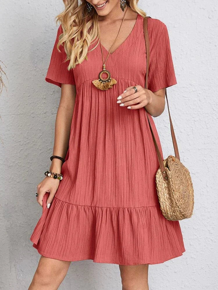 Women's Midi Dress with Ruffled Sleeves – Kyra – Coral Red