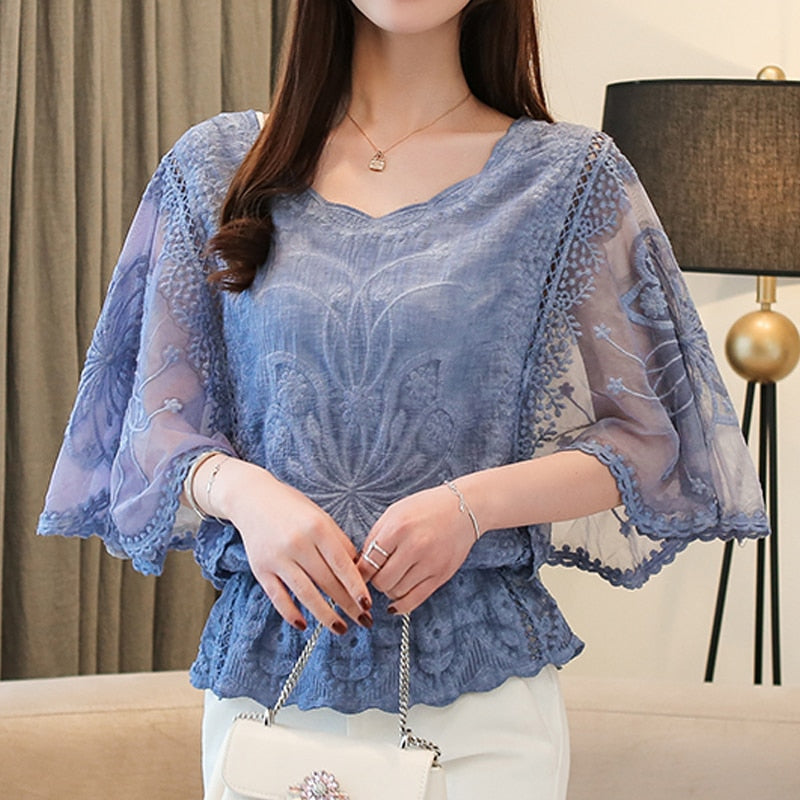 Women's 3/4-Sleeve Lace Blouse – Waverly – Blue