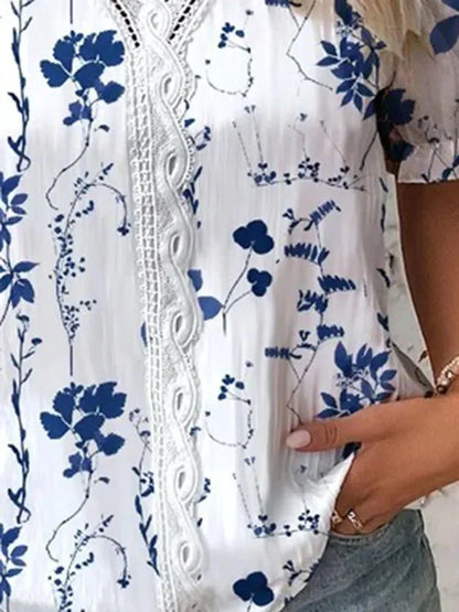 Women's Floral Short-Sleeve Blouse with Lace Detail – Neva – view 4
