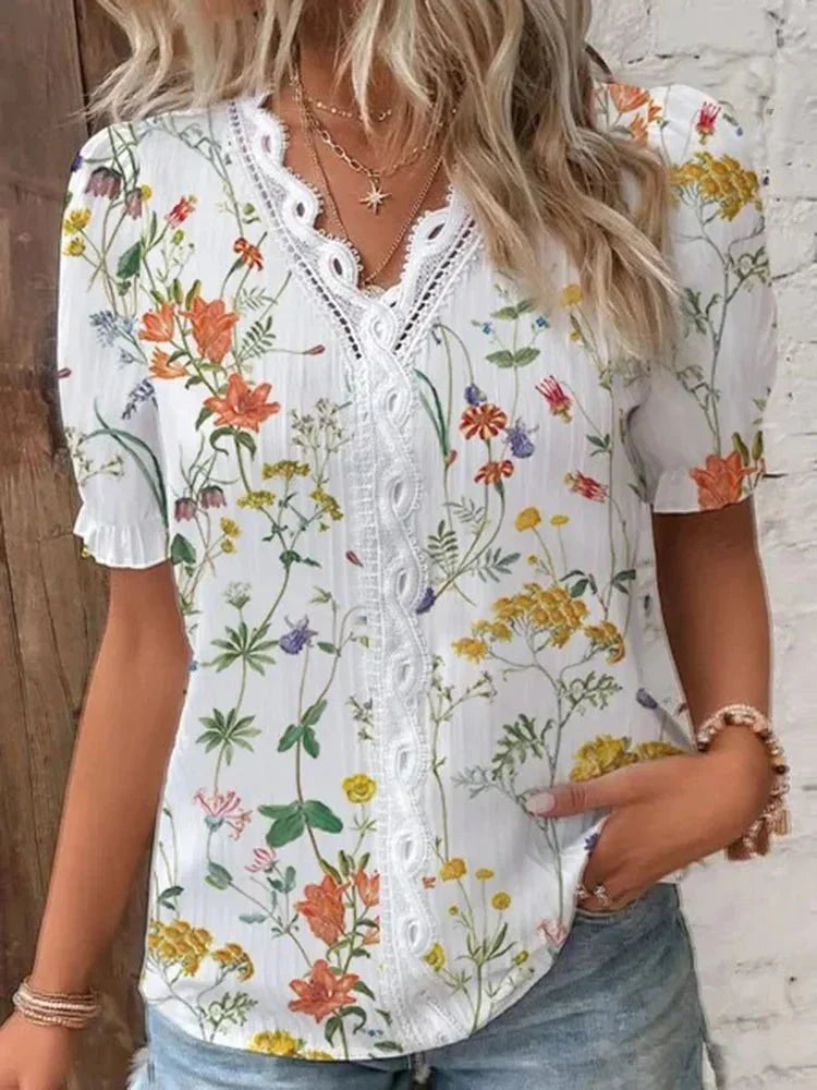 Women's Floral Short-Sleeve Blouse with Lace Detail – Neva – view 3