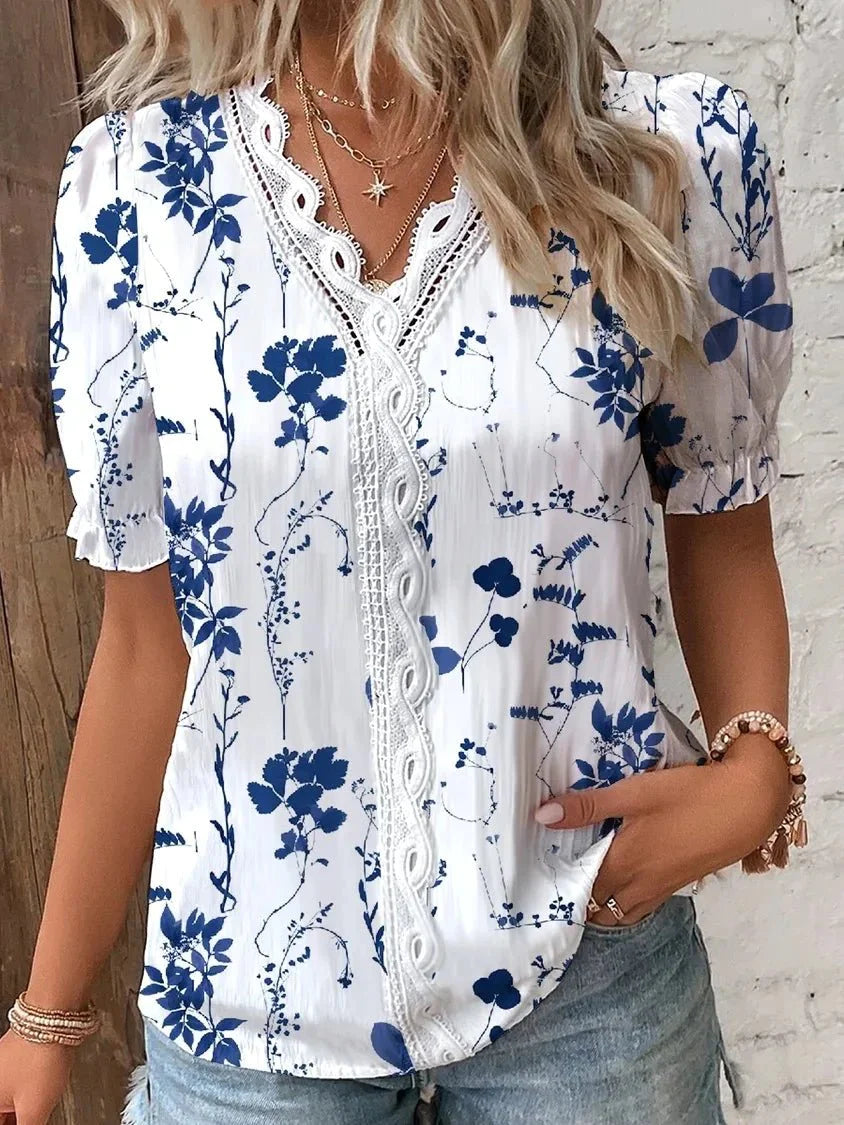 Women's Floral Short-Sleeve Blouse with Lace Detail – Neva – Blue