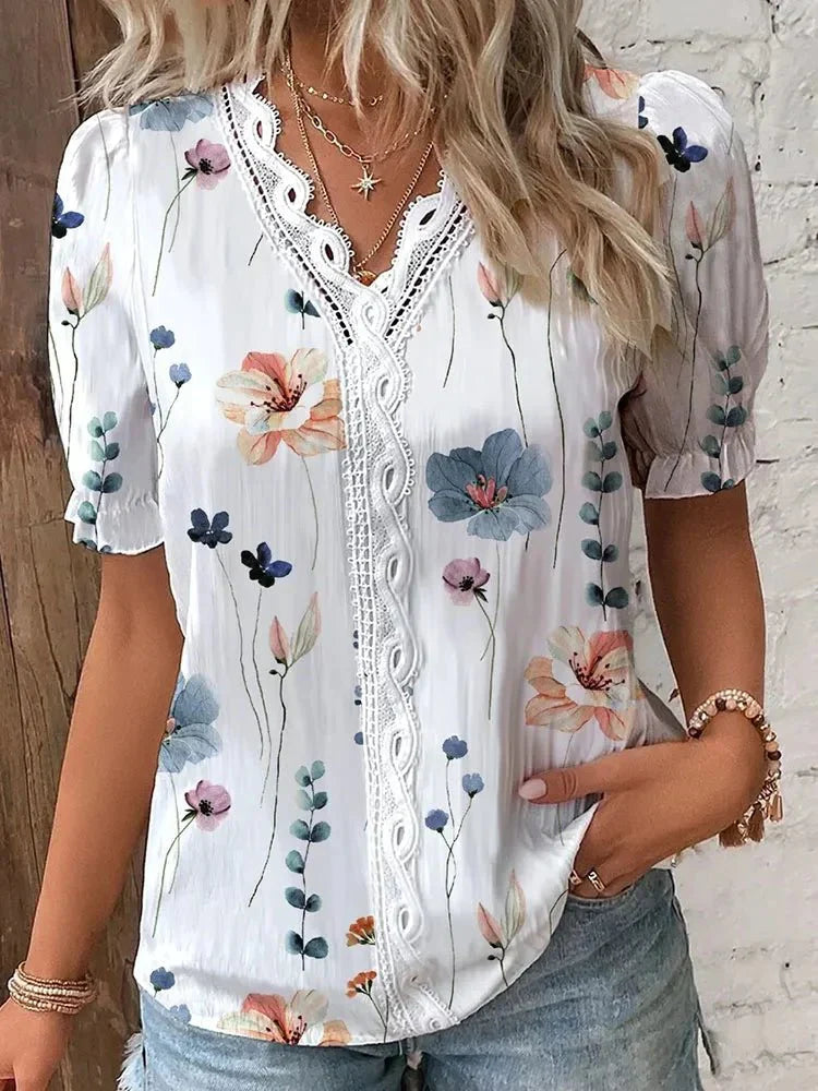 Women's Floral Short-Sleeve Blouse with Lace Detail – Neva