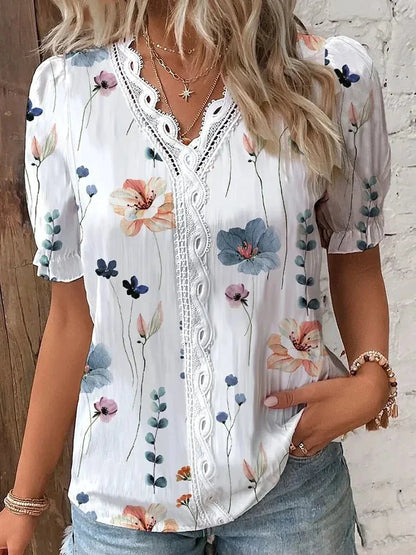 Women's Floral Short-Sleeve Blouse with Lace Detail – Neva