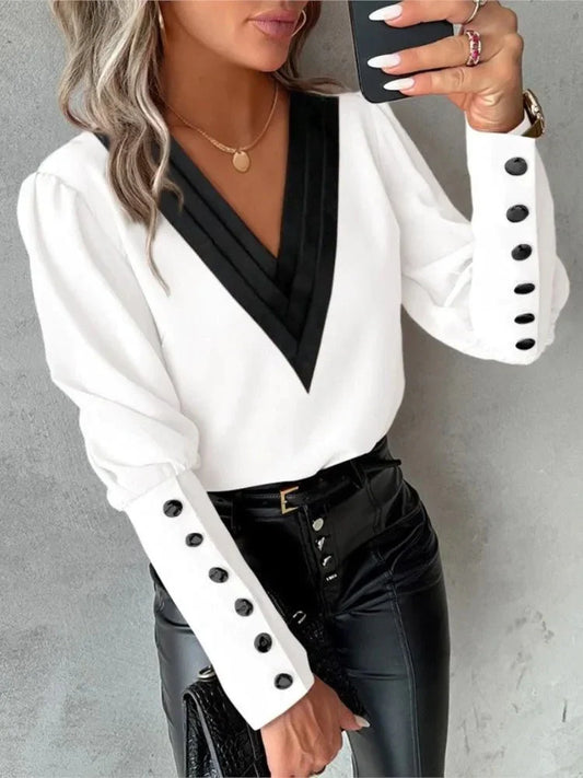 Women's Long-Sleeve V-Neck Button-Down Shirt – Lavinia – White