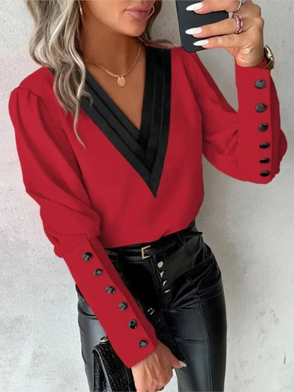 Women's Long-Sleeve V-Neck Button-Down Shirt – Lavinia – Red