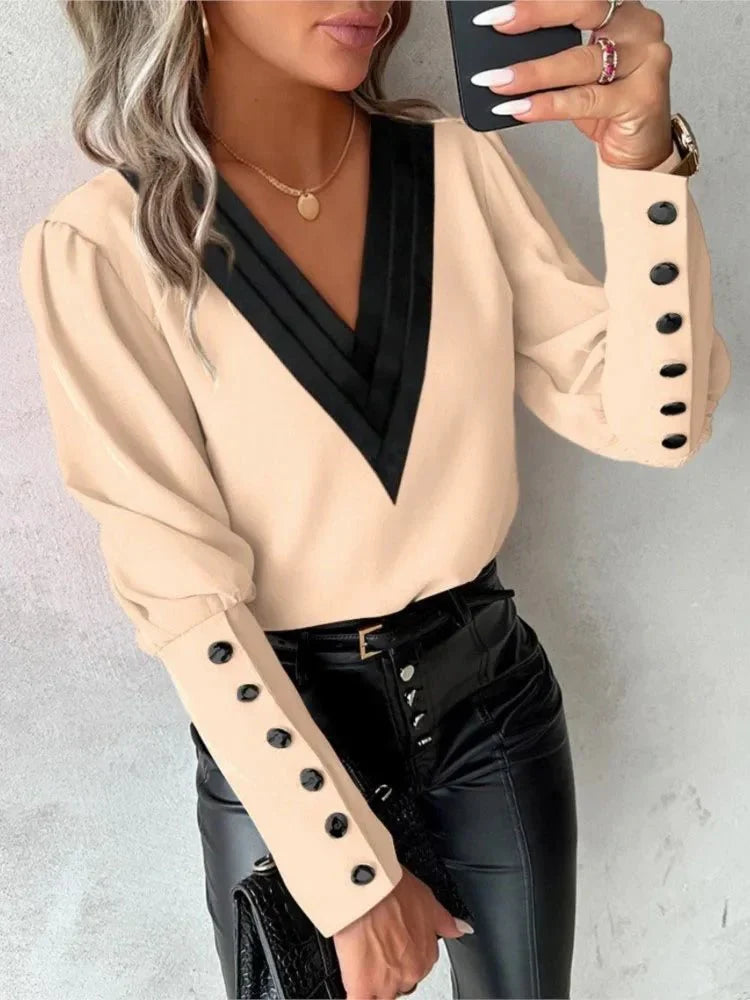 Women's Long-Sleeve V-Neck Button-Down Shirt – Lavinia – Beige