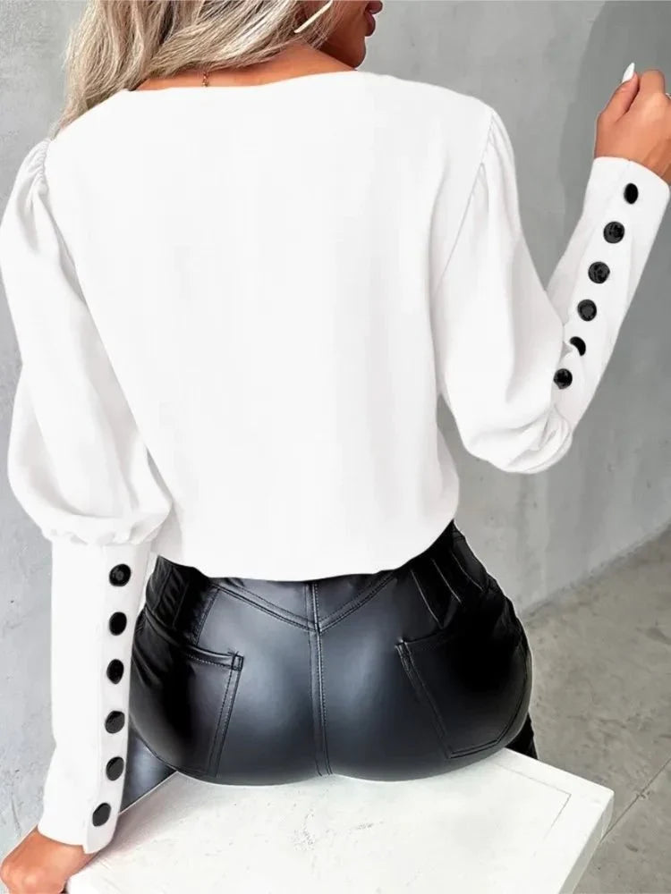 Women's Long-Sleeve V-Neck Button-Down Shirt – Lavinia