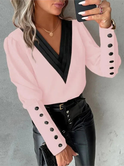 Women's Long-Sleeve V-Neck Button-Down Shirt – Lavinia – Pink