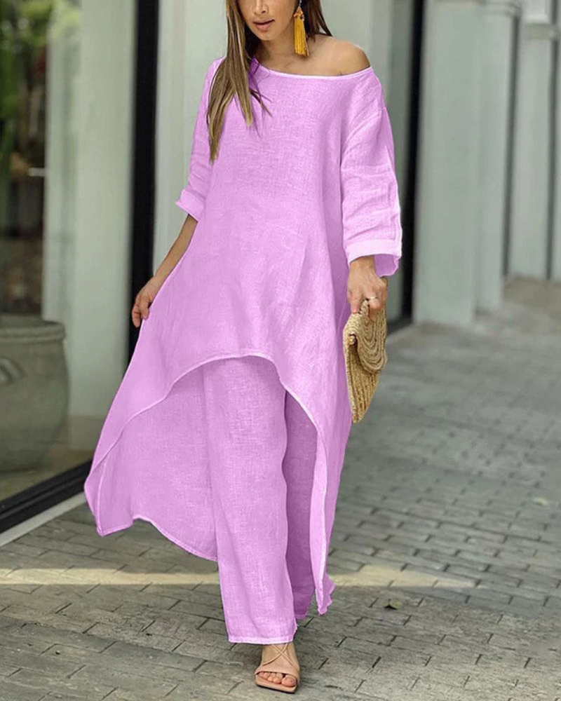 Women's Linen Longline Top and Relaxed Pants Set – Geovana – Lilac