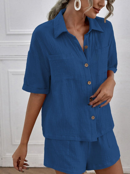 Double-Pocket Shirt and Linen Shorts Set – Marcella – Royal Blue