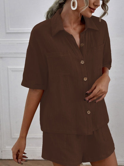 Double-Pocket Shirt and Linen Shorts Set – Marcella – Brown