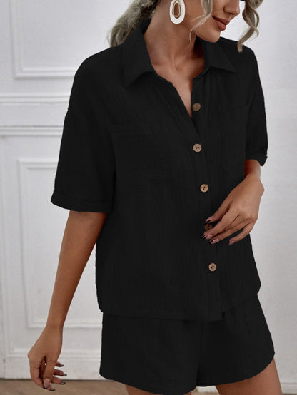 Double-Pocket Shirt and Linen Shorts Set – Marcella – Black