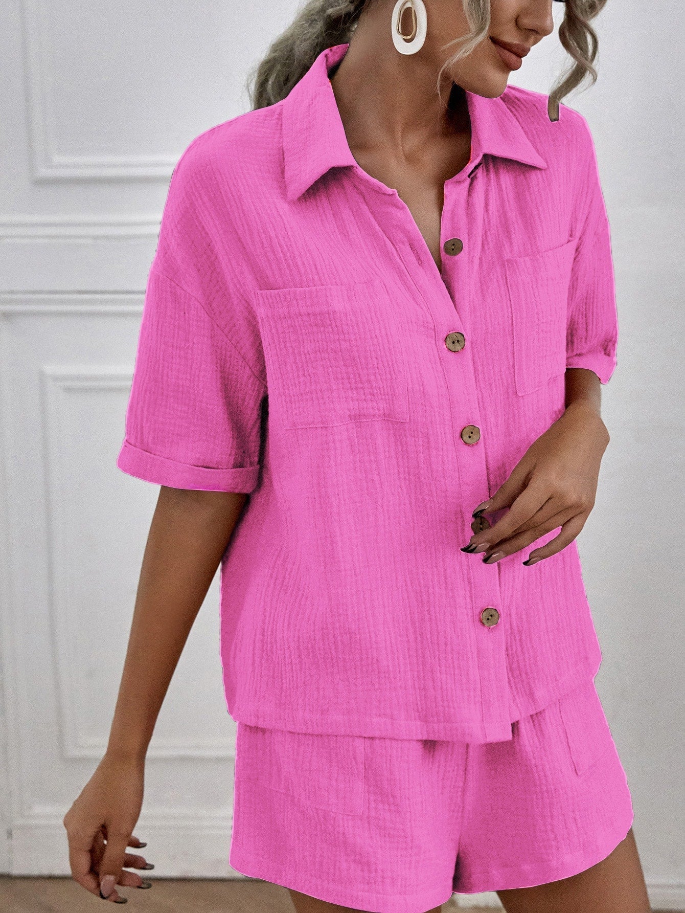 Double-Pocket Shirt and Linen Shorts Set – Marcella – Hot Pink