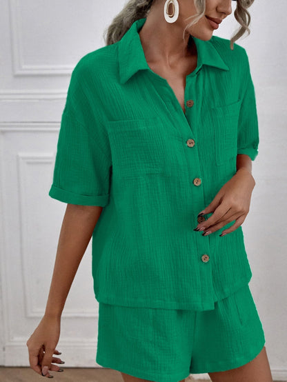 Double-Pocket Shirt and Linen Shorts Set – Marcella – Green