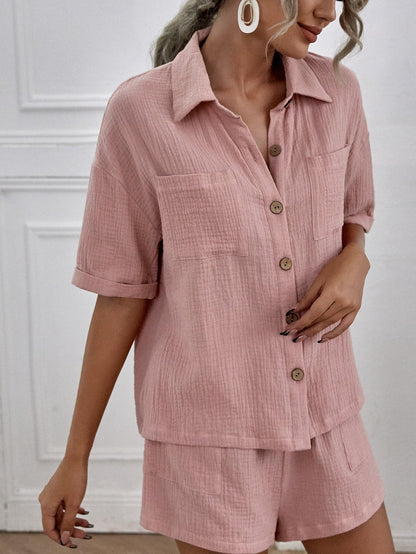 Double-Pocket Shirt and Linen Shorts Set – Marcella – Dusty Pink