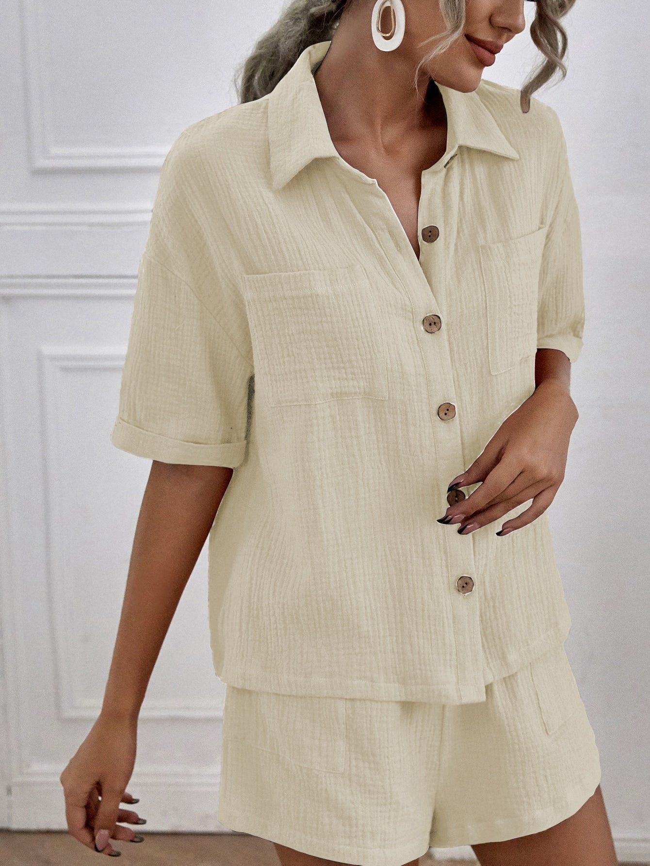 Double-Pocket Shirt and Linen Shorts Set – Marcella – Apricot