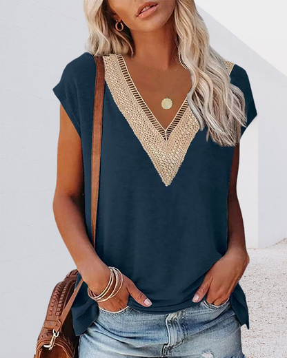 Women's Lace V-Neck Tee – Etta – view 2