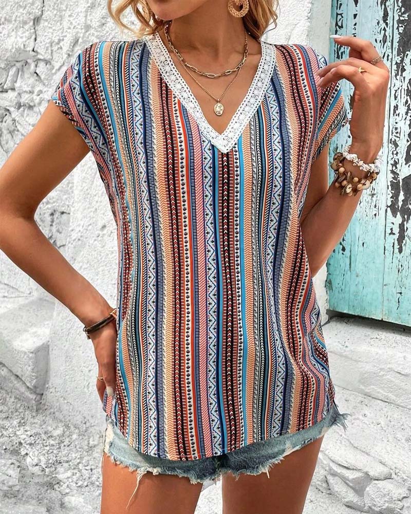 Women's Colorful Lace V-Neck Tee – Ophelia – view 2