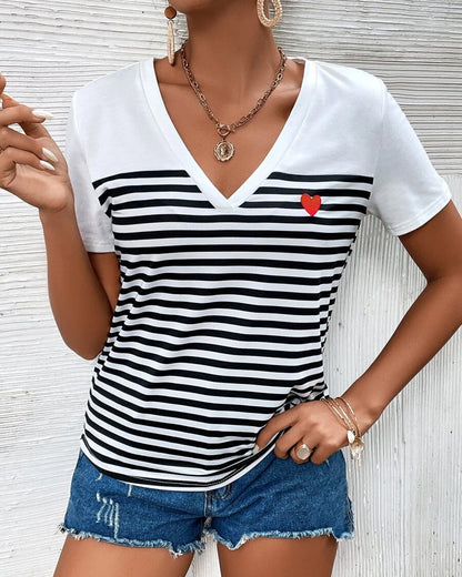 Women's Striped V-Neck Tee – Azura – White