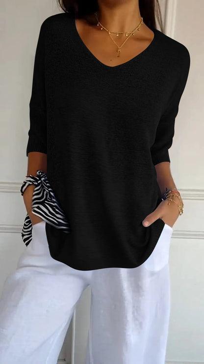 Women's Knit V-Neck Tee – Fabiene – Black