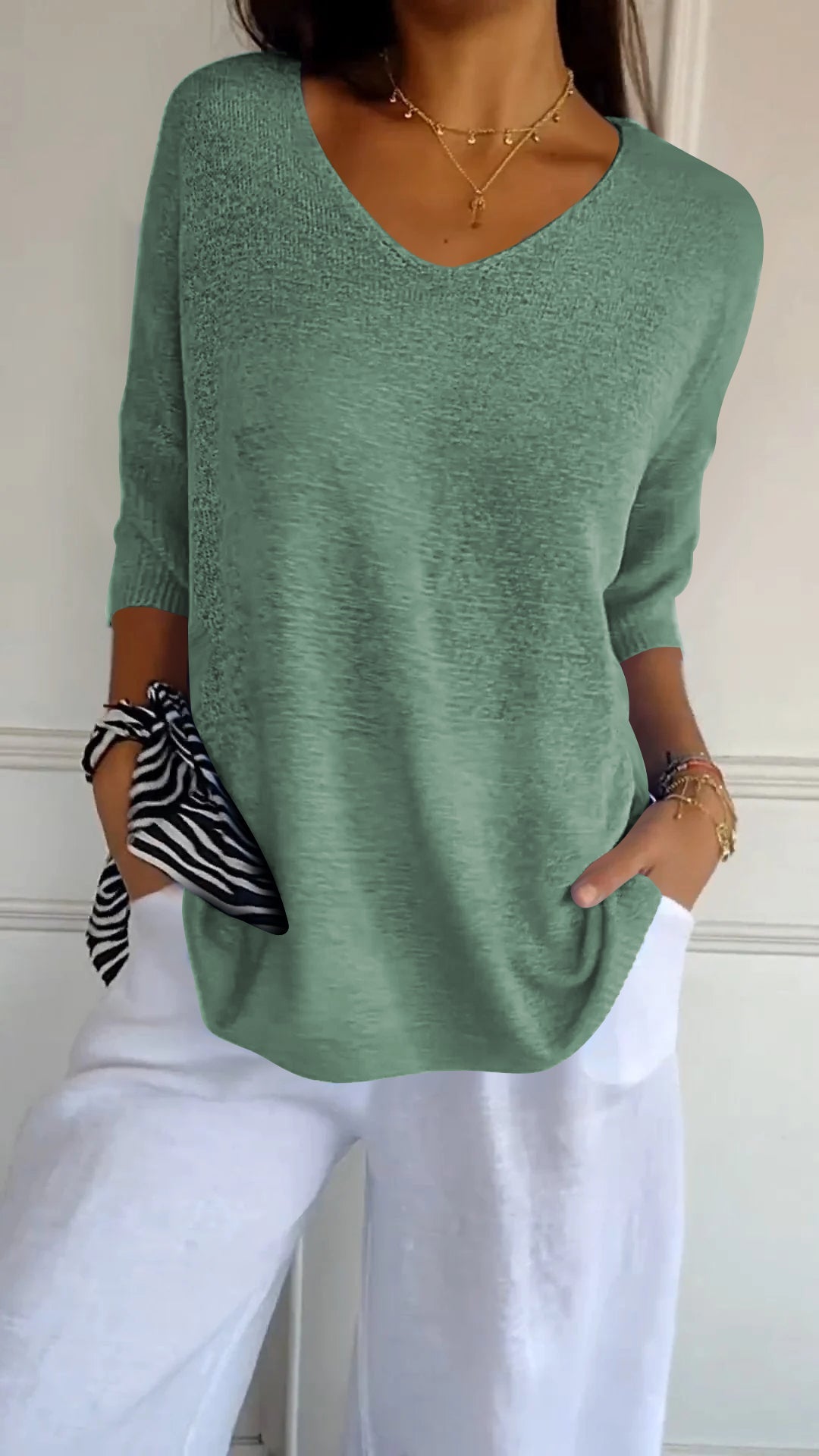 Women's Knit V-Neck Tee – Fabiene – Grass Green