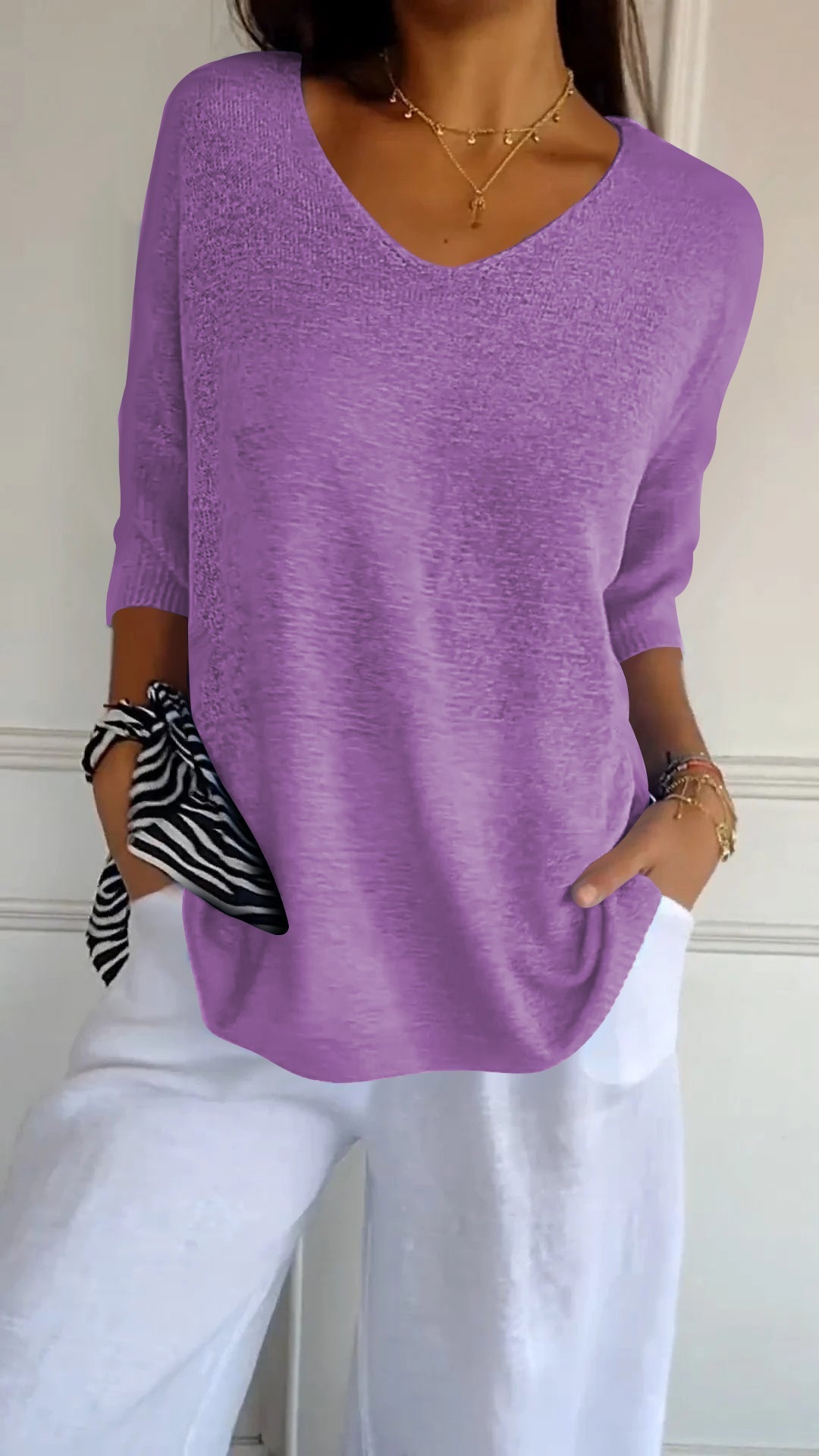 Women's Knit V-Neck Tee – Fabiene – Purple