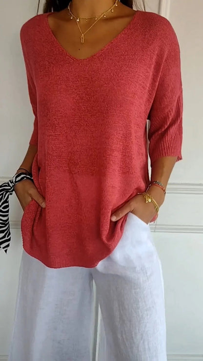 Women's Knit V-Neck Tee – Fabiene – Red