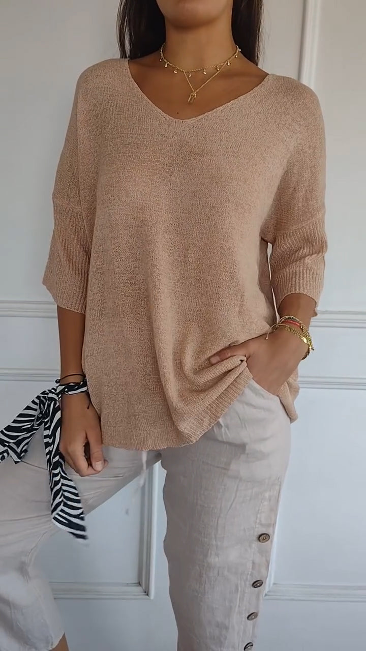Women's Knit V-Neck Tee – Fabiene – Apricot