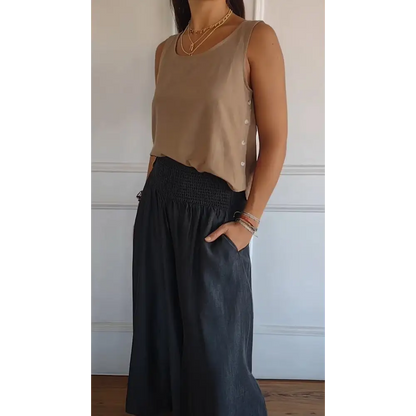 Cotton-Linen Tank with Side Buttons – Mavis – Brown