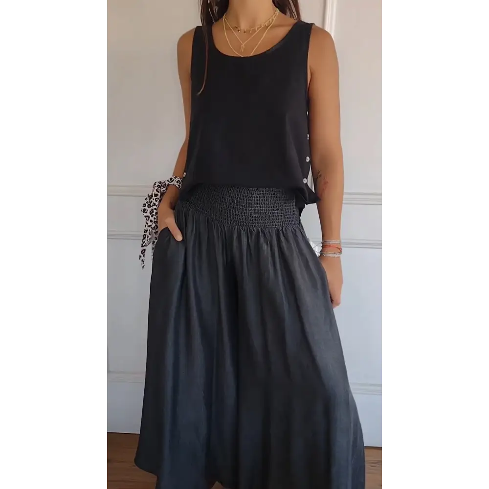 Cotton-Linen Tank with Side Buttons – Mavis – Black