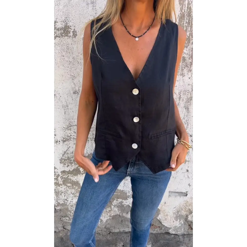Cotton-Linen V-Neck Vest – Jamie – Black