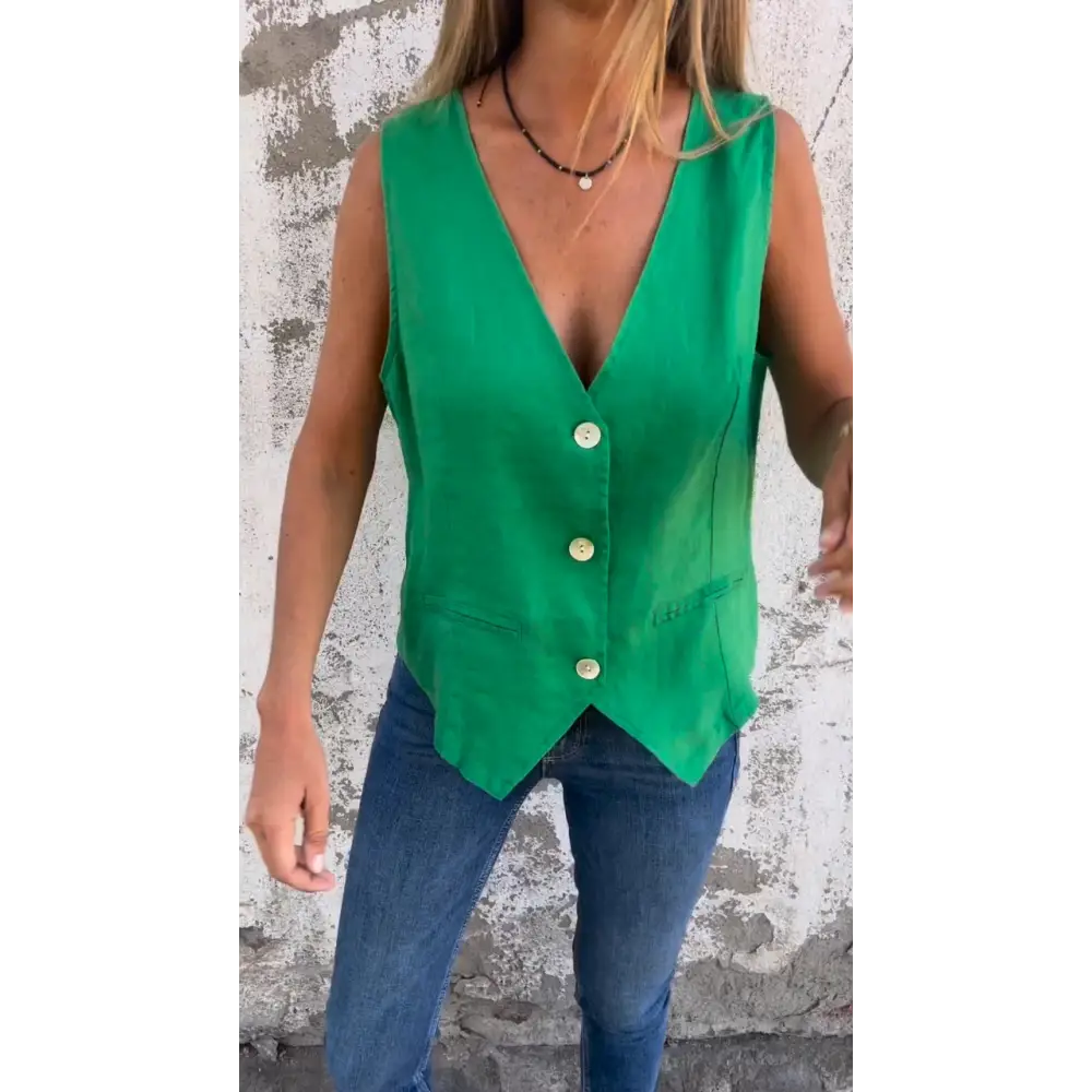 Cotton-Linen V-Neck Vest – Jamie – Green
