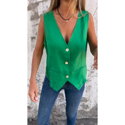 Cotton-Linen V-Neck Vest – Jamie – Green