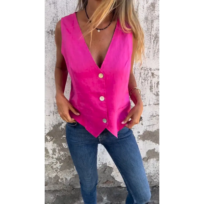 Cotton-Linen V-Neck Vest – Jamie – Hot Pink