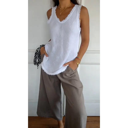 Cotton-Linen V-Neck Tank with Raw Edges – Joelle