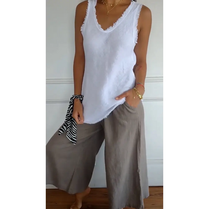 Cotton-Linen V-Neck Tank with Raw Edges – Joelle – White