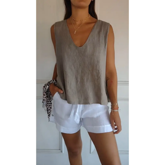 Cotton-Linen Tank with Back Strap Detail – Selena – Linen