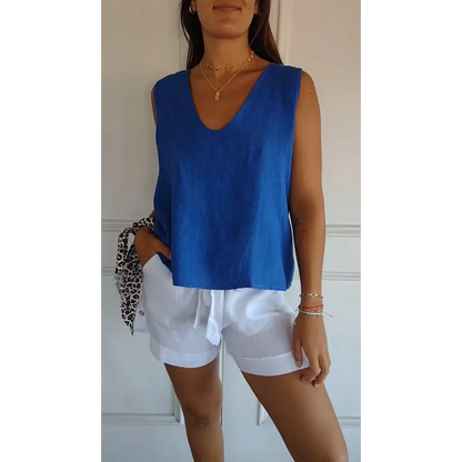 Cotton-Linen Tank with Back Strap Detail – Selena – Blue